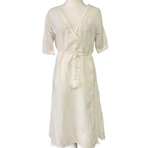 Subtle Luxury Dress Womens Small Medium White Cotton Embroidered Wrap Midi Tasse